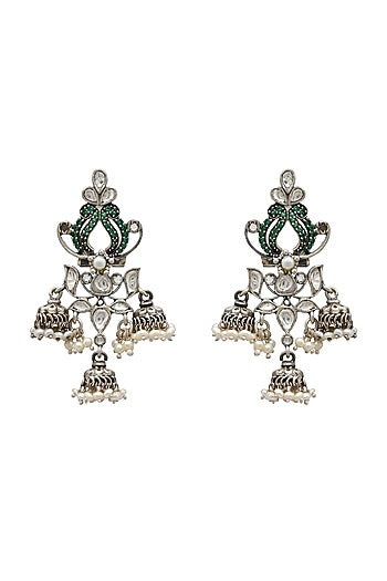 White Finish Pearl Dangler Oxidized Earrings In Sterling Silver