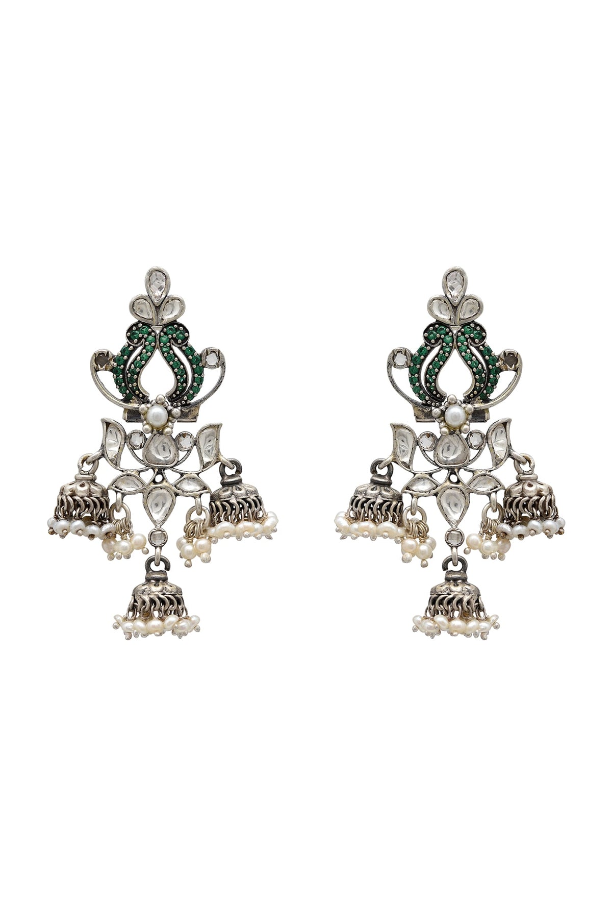 White Finish Pearl Dangler Oxidized Earrings In Sterling Silver