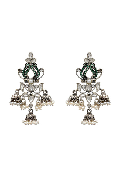 White Finish Pearl Dangler Oxidized Earrings In Sterling Silver