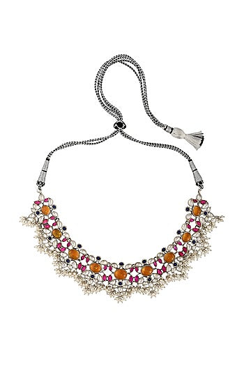 White Finish Pearl Oxidized Necklace In Sterling Silver