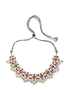 White Finish Pearl Oxidized Necklace In Sterling Silver