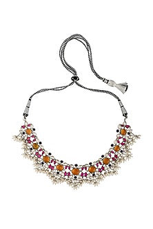White Finish Pearl Oxidized Necklace In Sterling Silver