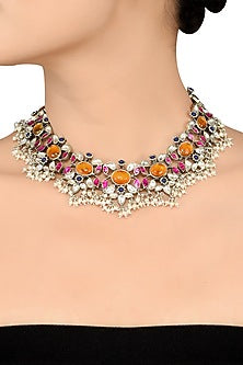 White Finish Pearl Oxidized Necklace In Sterling Silver