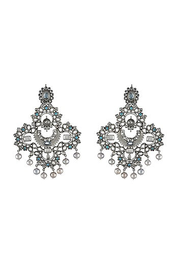 White Finish Handcrafted Motifs Pearl Earrings In Sterling Silver
