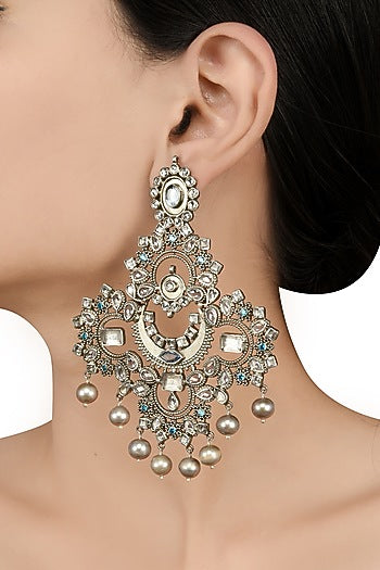 White Finish Handcrafted Motifs Pearl Earrings In Sterling Silver