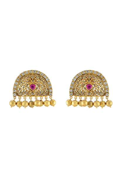 Gold Finish Handcrafted Stud Earrings In Sterling Silver