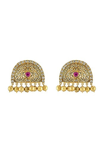 Gold Finish Handcrafted Stud Earrings In Sterling Silver