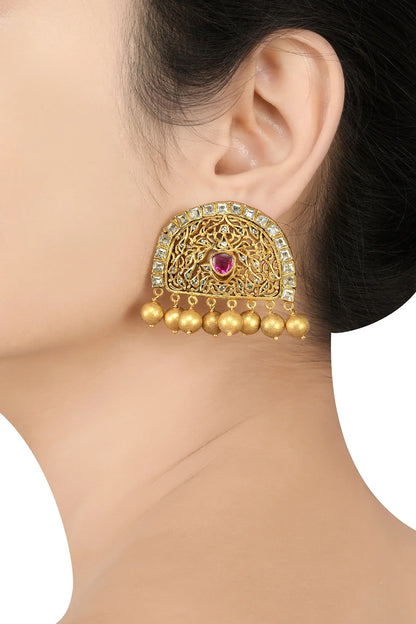 Gold Finish Handcrafted Stud Earrings In Sterling Silver