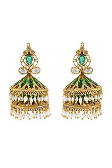 Gold Finish Handcrafted Pearl Jhumka Earrings In Sterling Silver