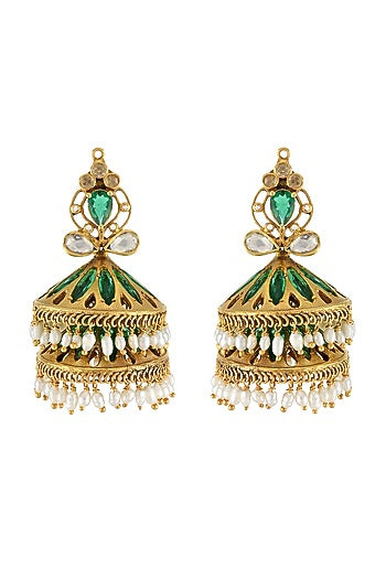 Gold Finish Handcrafted Pearl Jhumka Earrings In Sterling Silver