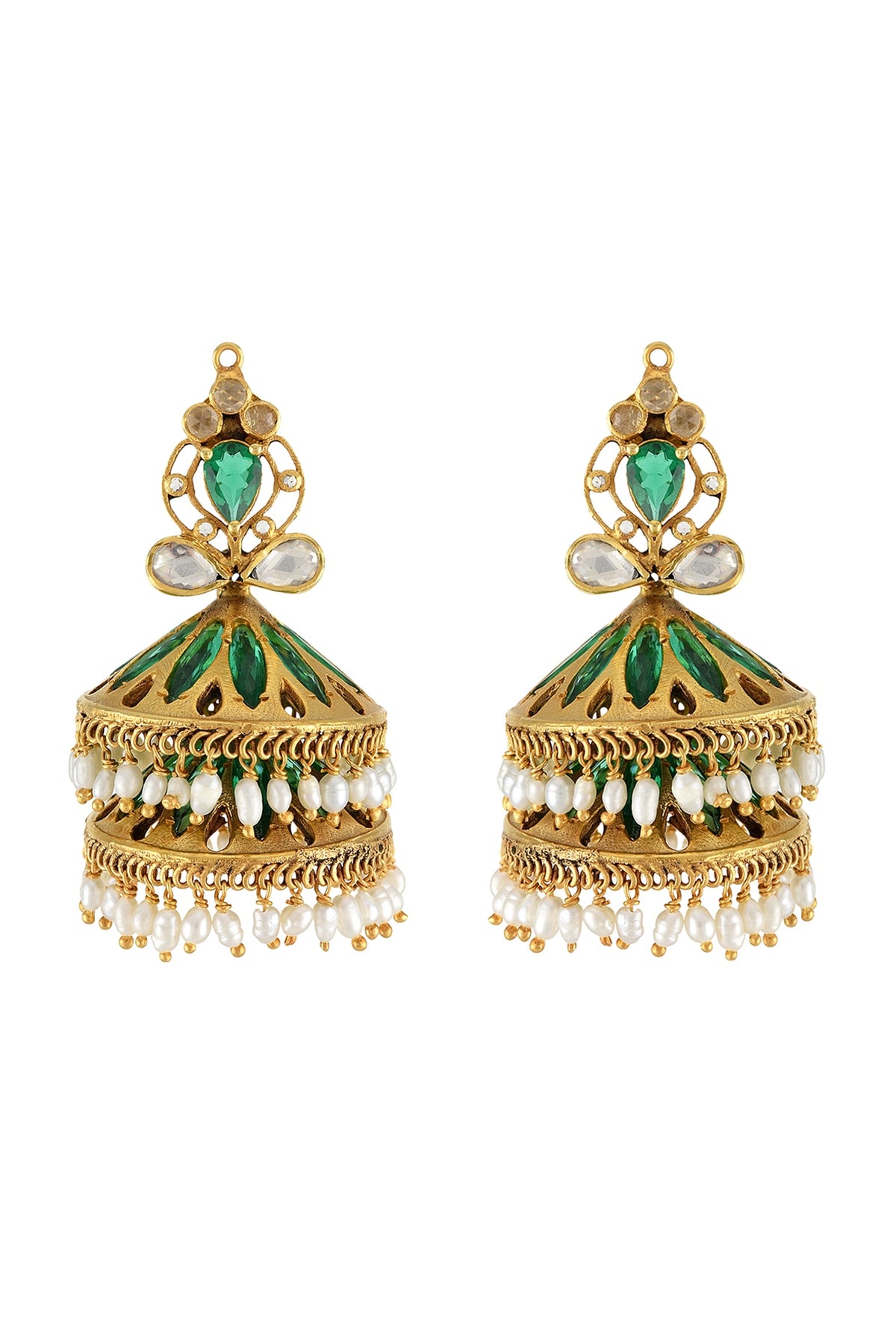 Gold Finish Handcrafted Pearl Jhumka Earrings In Sterling Silver