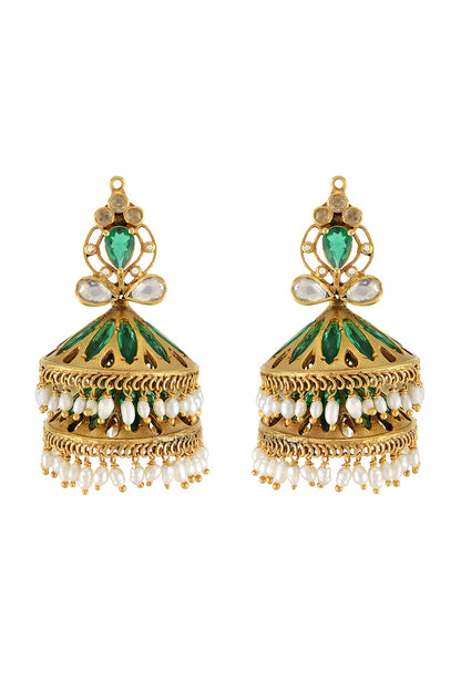 Gold Finish Handcrafted Pearl Jhumka Earrings In Sterling Silver