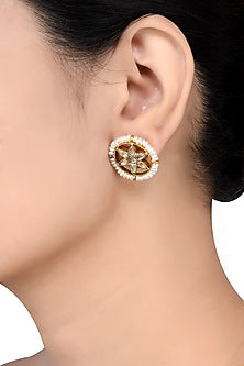 Gold Finish Handcrafted Pearl Stud Earrings In Sterling Silver