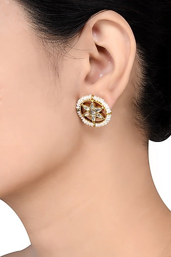 Gold Finish Handcrafted Pearl Stud Earrings In Sterling Silver