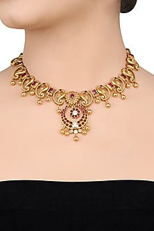 Gold Finish Handcrafted Peacock Necklace Set In Sterling Silver