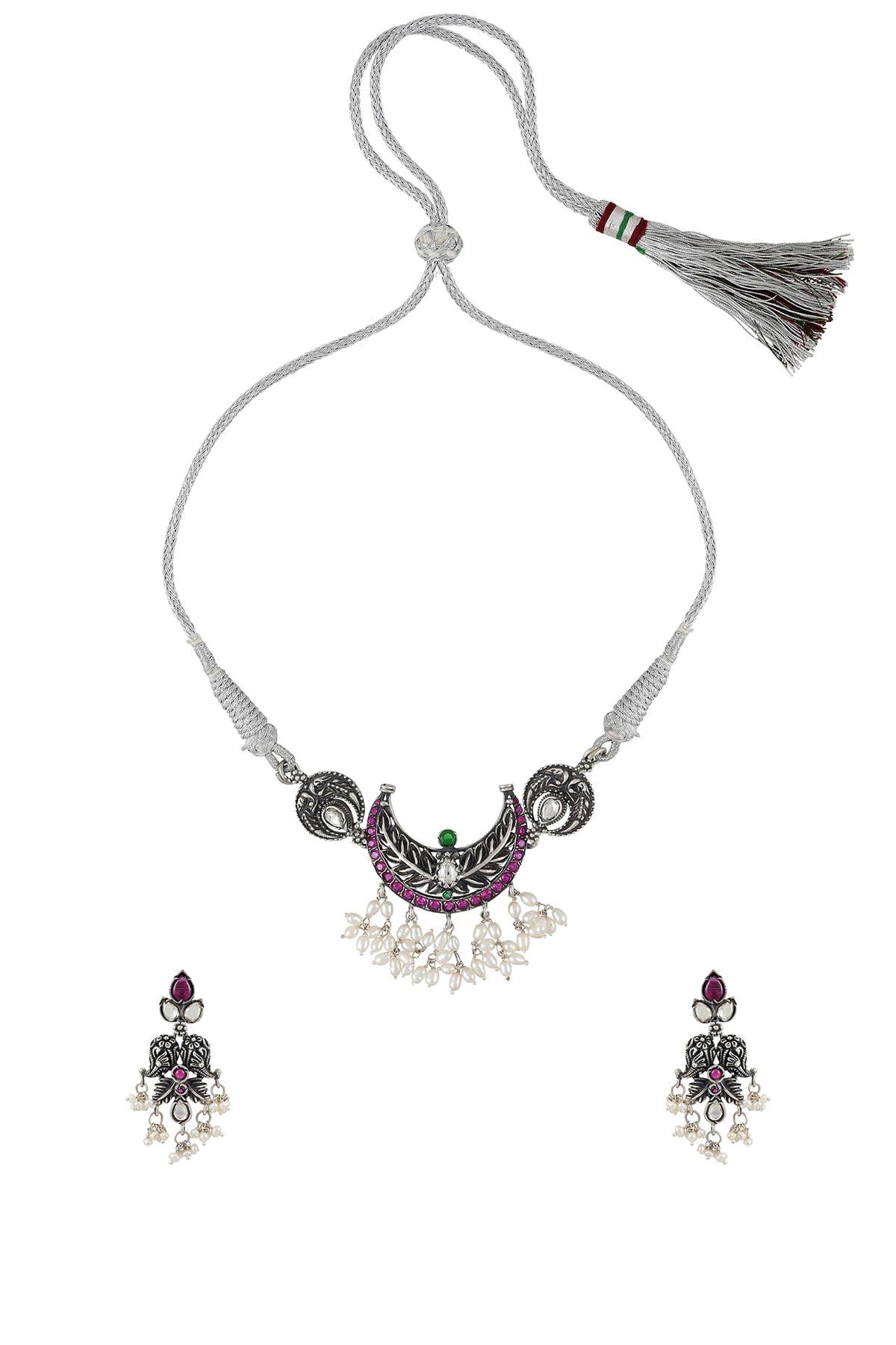 White Finish Handcrafted Pearl Necklace Set In Sterling Silver