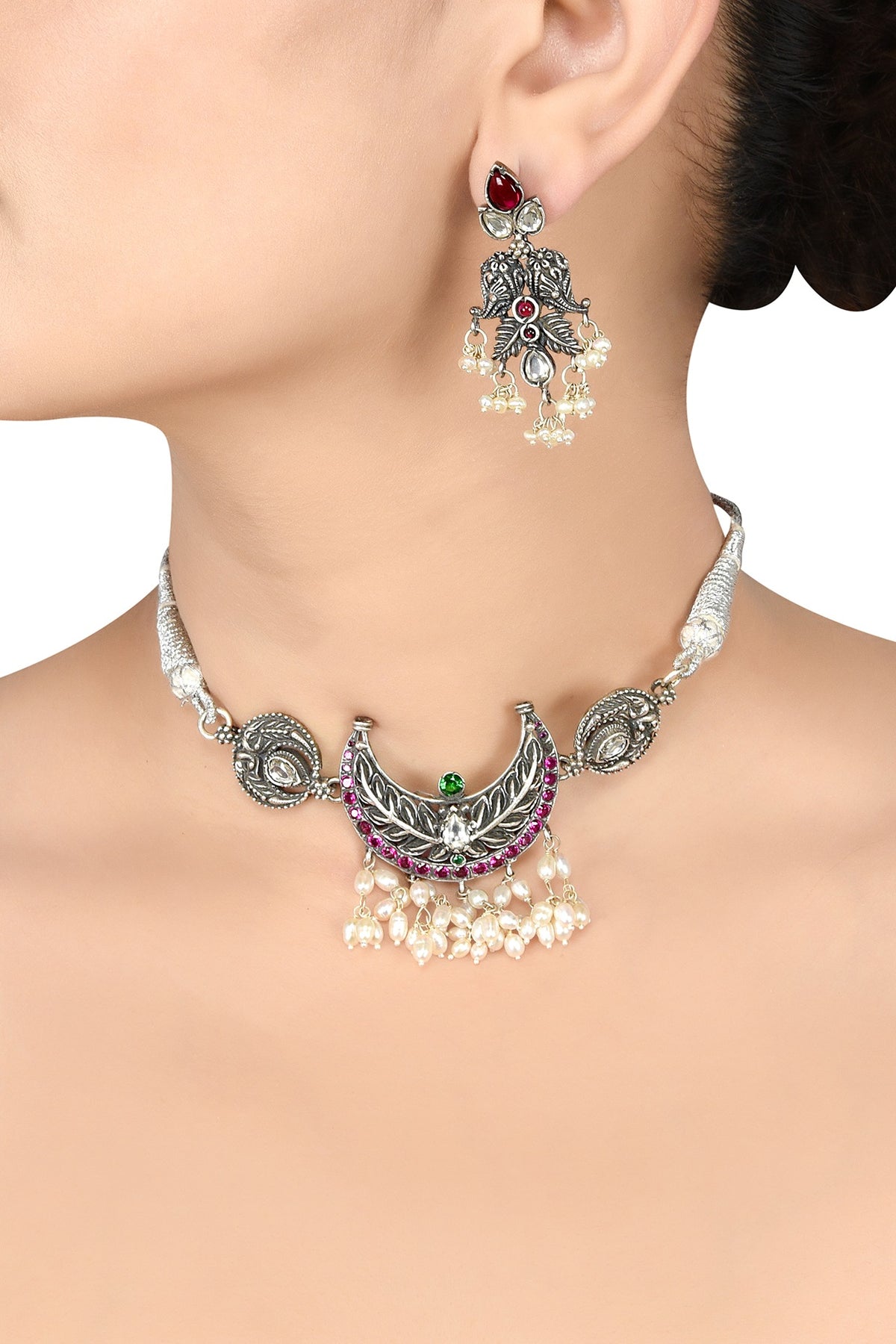 White Finish Handcrafted Pearl Necklace Set In Sterling Silver