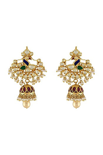 Gold Plated Glass & Pearls Dangler Earrings