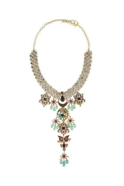 Gold Finish Handcrafted Floral Motifs Necklace In Sterling Silver