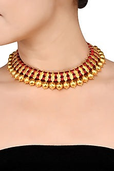 Gold Finish Handcrafted Beaded Necklace In Sterling Silver