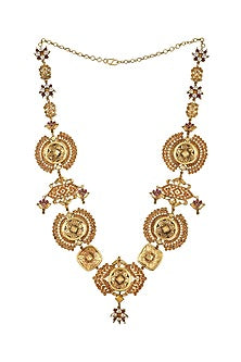 Gold Finish Handcrafted Floral Motifs Long Necklace In Sterling Silver