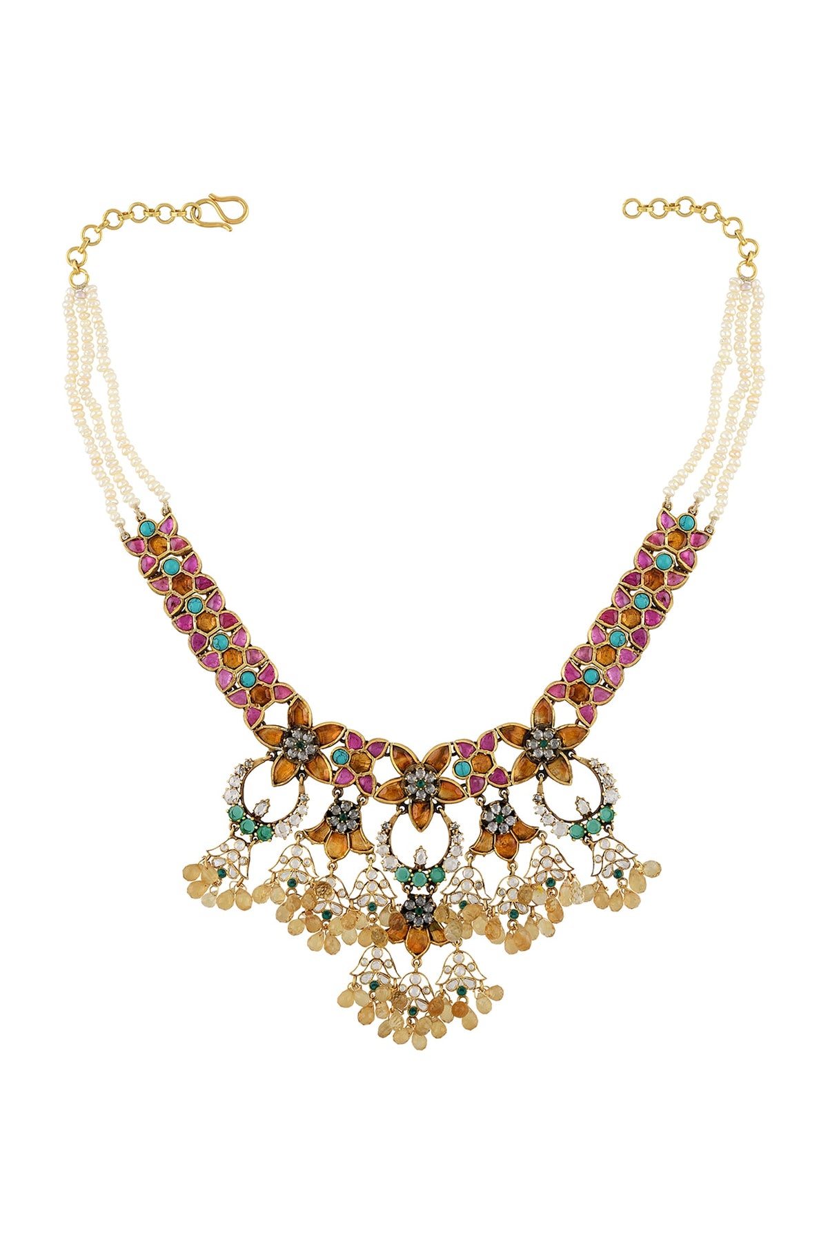 Gold Finish Handcrafted Pearl Necklace In Sterling Silver