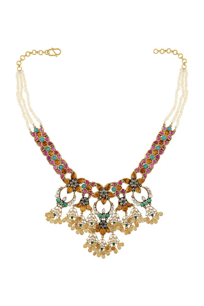 Gold Finish Handcrafted Pearl Necklace In Sterling Silver
