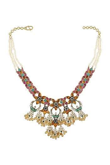 Gold Finish Handcrafted Pearl Necklace In Sterling Silver