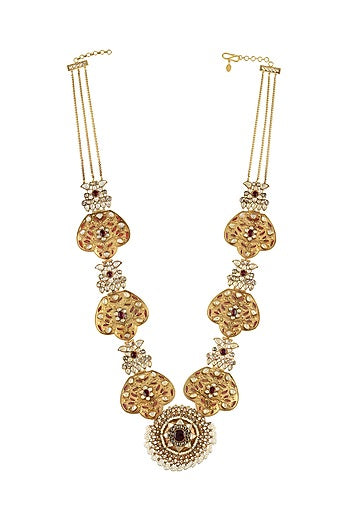 Gold Finish Handcrafted Lotus Motifs Necklace In Sterling Silver