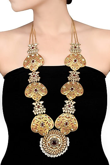 Gold Finish Handcrafted Lotus Motifs Necklace In Sterling Silver