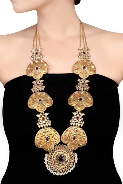 Gold Finish Handcrafted Lotus Motifs Necklace In Sterling Silver