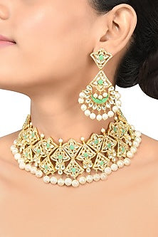 Gold Finish Handcrafted Pearl Necklace Set In Sterling Silver