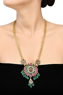 Gold Finish Handcrafted Stone Peacock Necklace In Sterling Silver