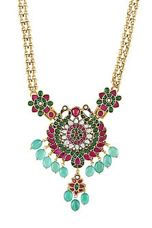 Gold Finish Handcrafted Stone Peacock Necklace In Sterling Silver