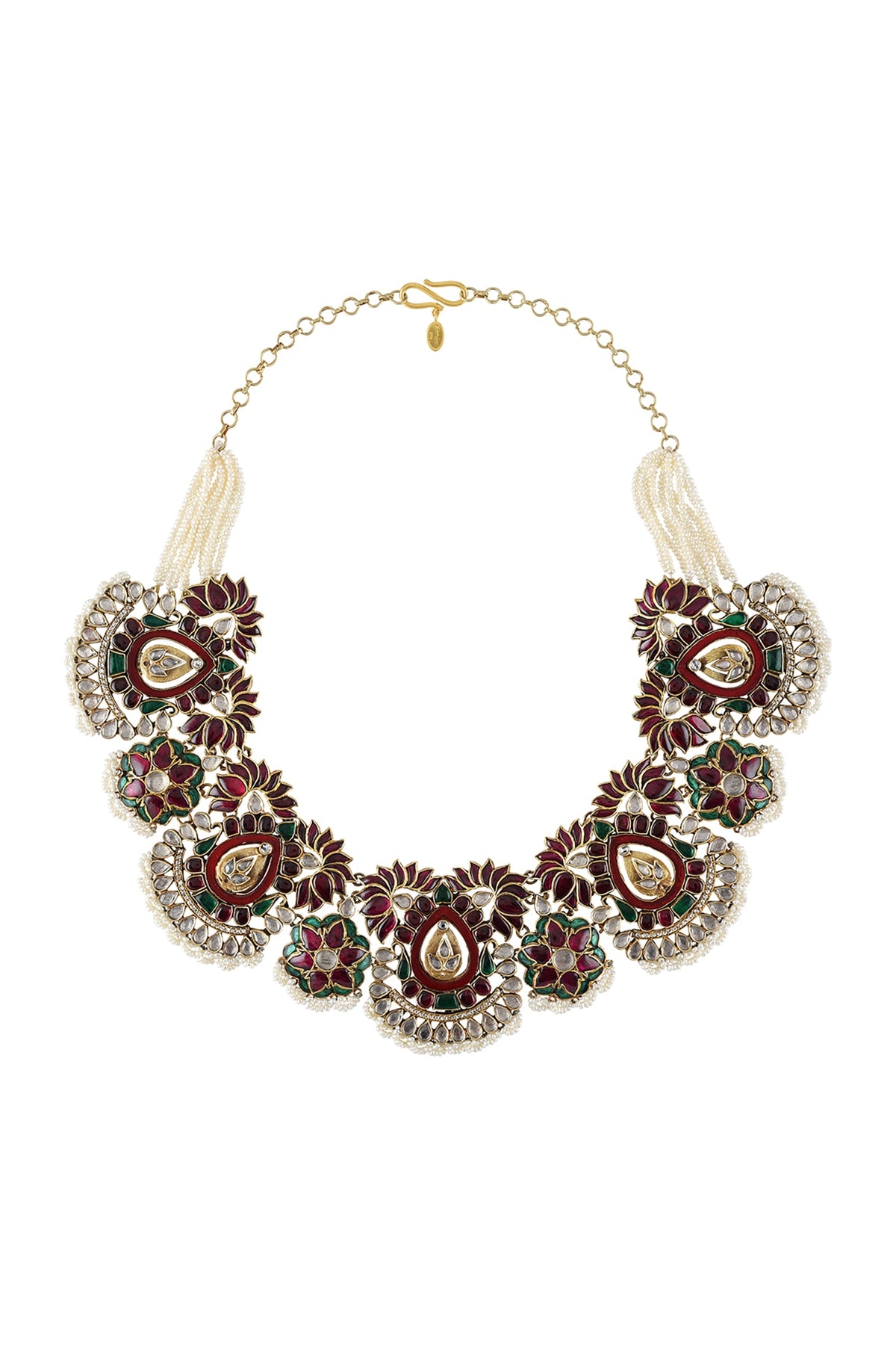 Gold Finish Handcrafted Pearl Floral Necklace In Sterling Silver