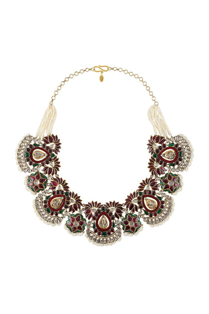 Gold Finish Handcrafted Pearl Floral Necklace In Sterling Silver