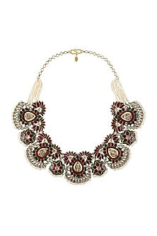 Gold Finish Handcrafted Pearl Floral Necklace In Sterling Silver