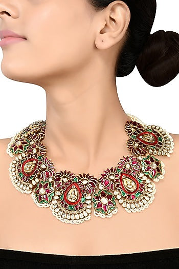 Gold Finish Handcrafted Pearl Floral Necklace In Sterling Silver