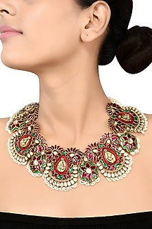 Gold Finish Handcrafted Pearl Floral Necklace In Sterling Silver