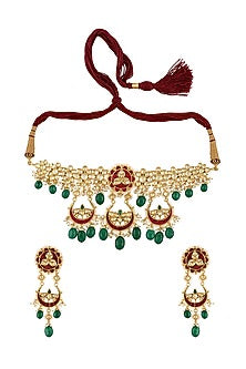 Gold Finish Handcrafted Glass Stone Necklace Set In Sterling Silver