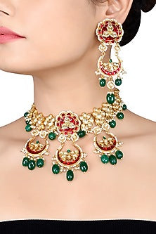 Gold Finish Handcrafted Glass Stone Necklace Set In Sterling Silver