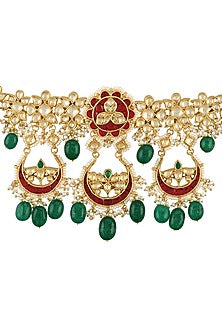 Gold Finish Handcrafted Glass Stone Necklace Set In Sterling Silver