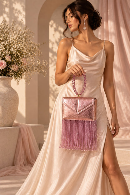 Rose Gold Vegan Leather Fringe Embellished Clutch