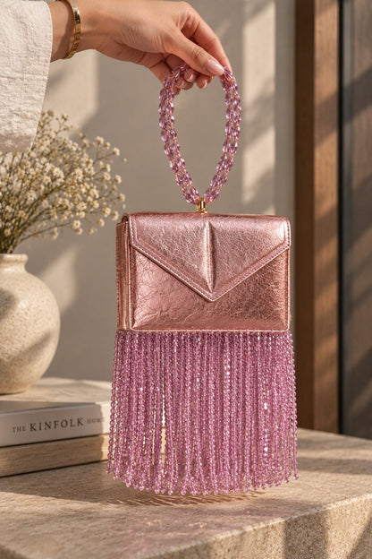 Rose Gold Vegan Leather Fringe Embellished Clutch