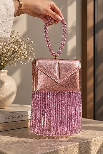 Rose Gold Vegan Leather Fringe Embellished Clutch