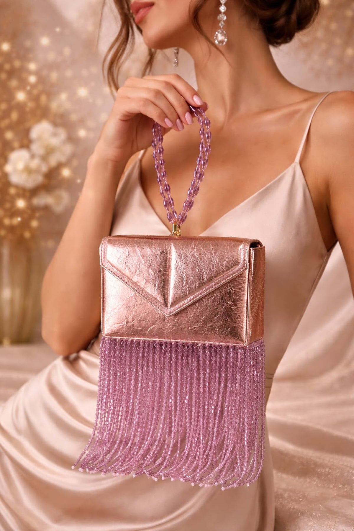 Rose Gold Vegan Leather Fringe Embellished Clutch
