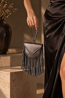 Gunmetal Grey Vegan Leather Fringe Embellished Clutch