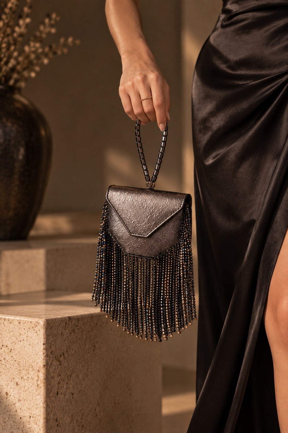 Gunmetal Grey Vegan Leather Fringe Embellished Clutch