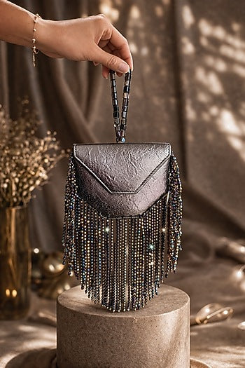Gunmetal Grey Vegan Leather Fringe Embellished Clutch