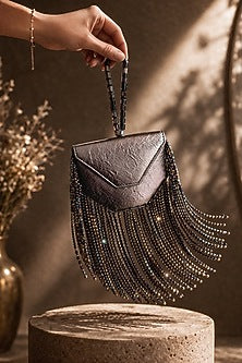 Gunmetal Grey Vegan Leather Fringe Embellished Clutch